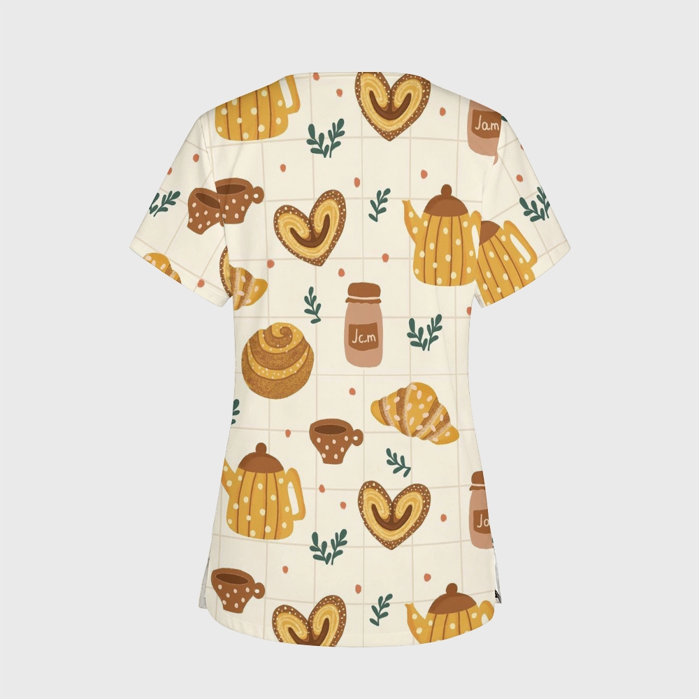 Women's V-Neck Pocket Cartoon Series Printed Scrub Top TW10148