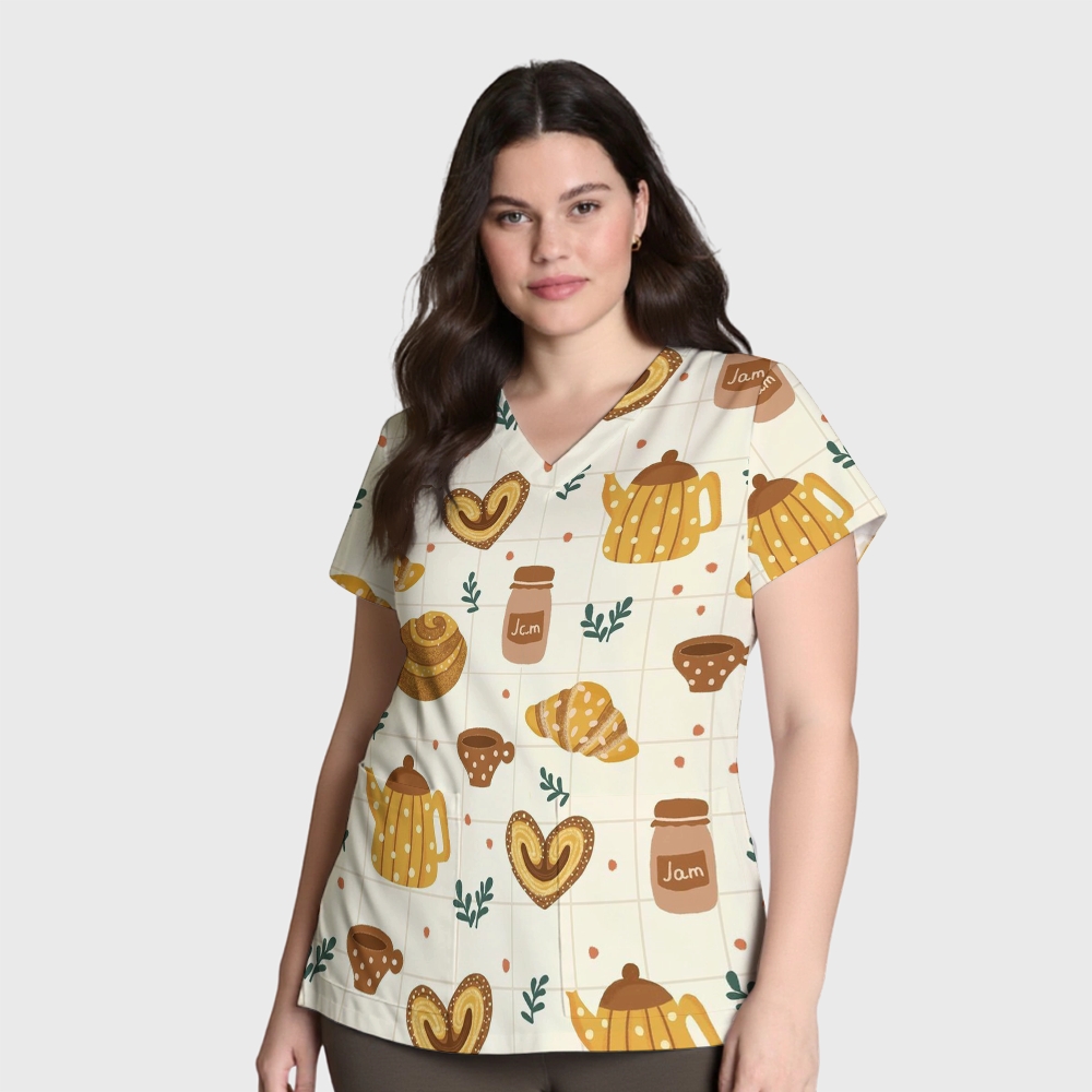 Women's V-Neck Pocket Cartoon Series Printed Scrub Top TW10148