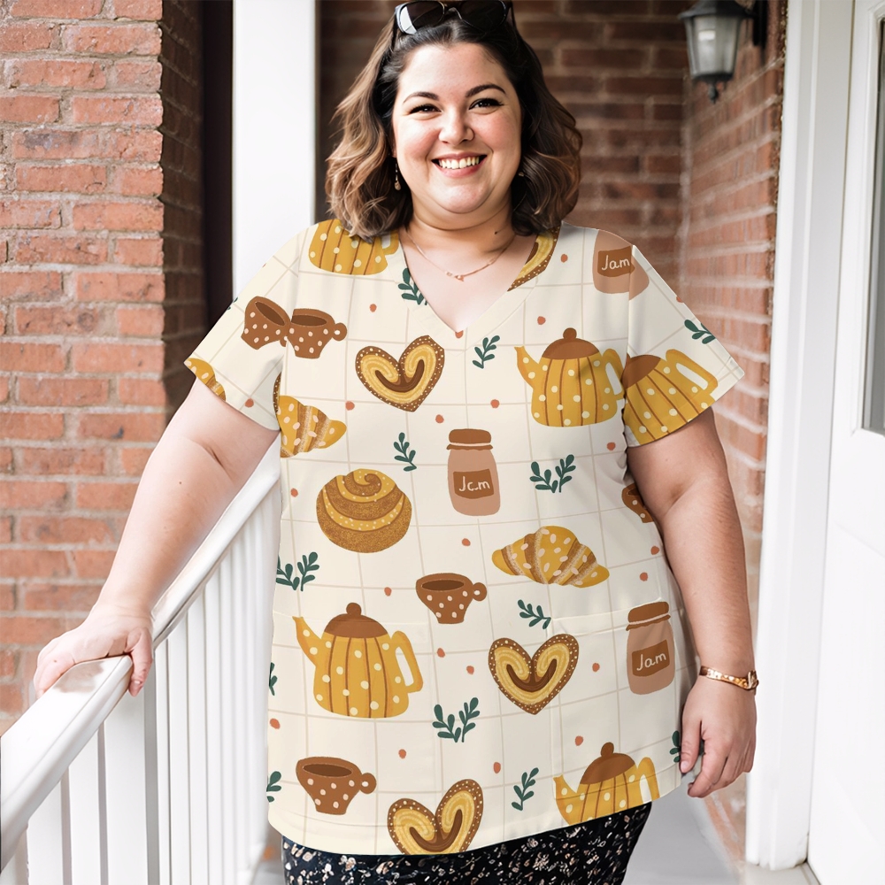 Women's V-Neck Pocket Cartoon Series Printed Scrub Top TW10148