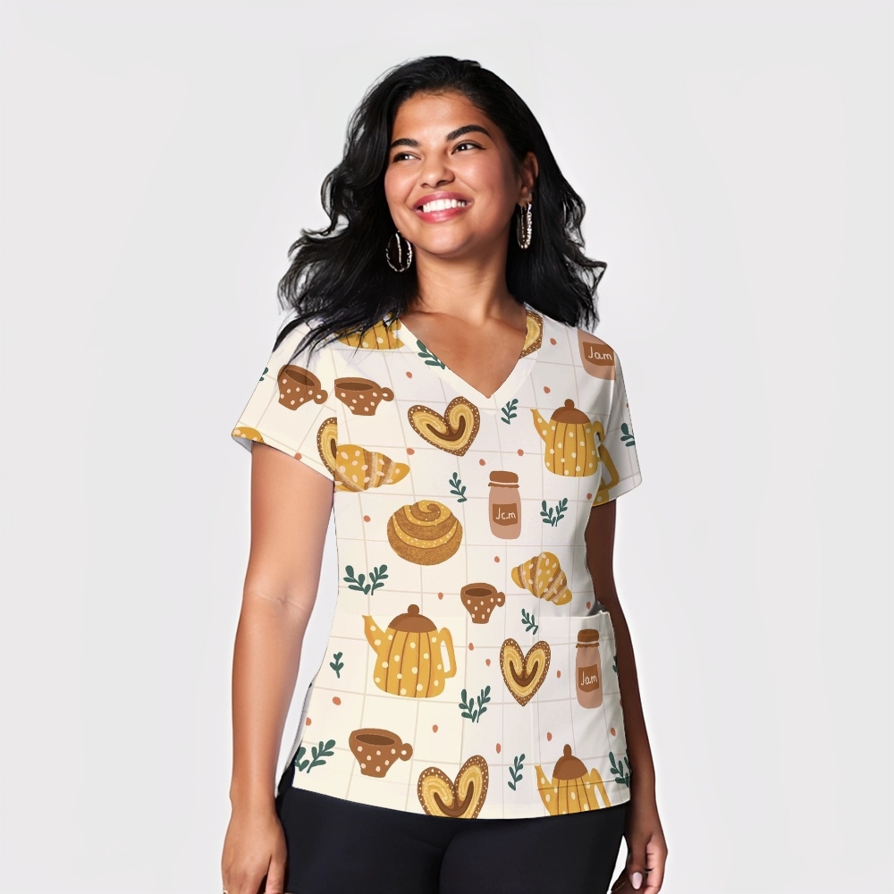 Women's V-Neck Pocket Cartoon Series Printed Scrub Top TW10148