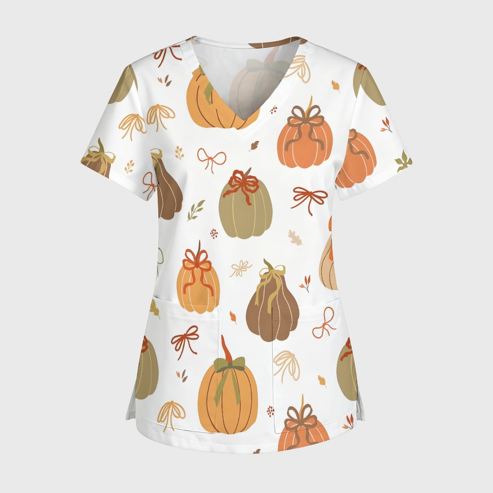 Women's V-Neck Pocket Cartoon Series Printed Scrub Top TW10149