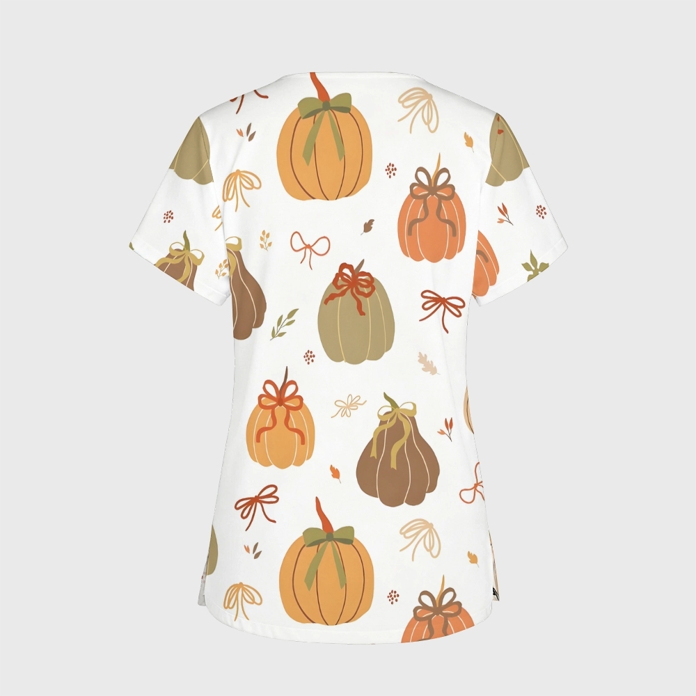 Women's V-Neck Pocket Cartoon Series Printed Scrub Top TW10149