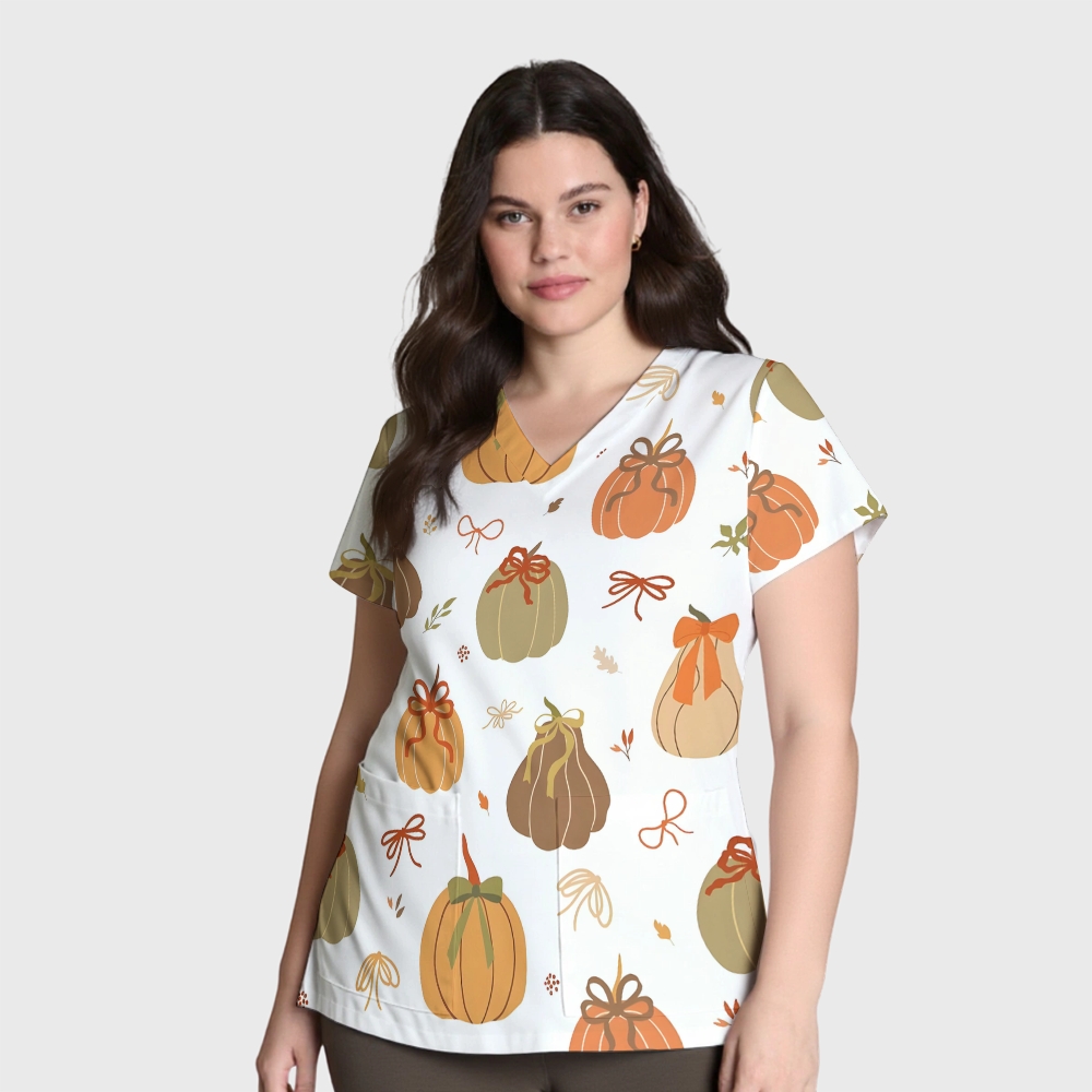 Women's V-Neck Pocket Cartoon Series Printed Scrub Top TW10149