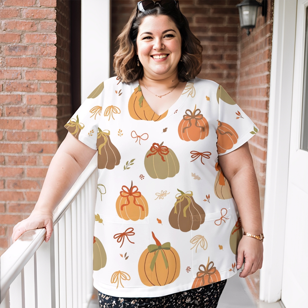 Women's V-Neck Pocket Cartoon Series Printed Scrub Top TW10149