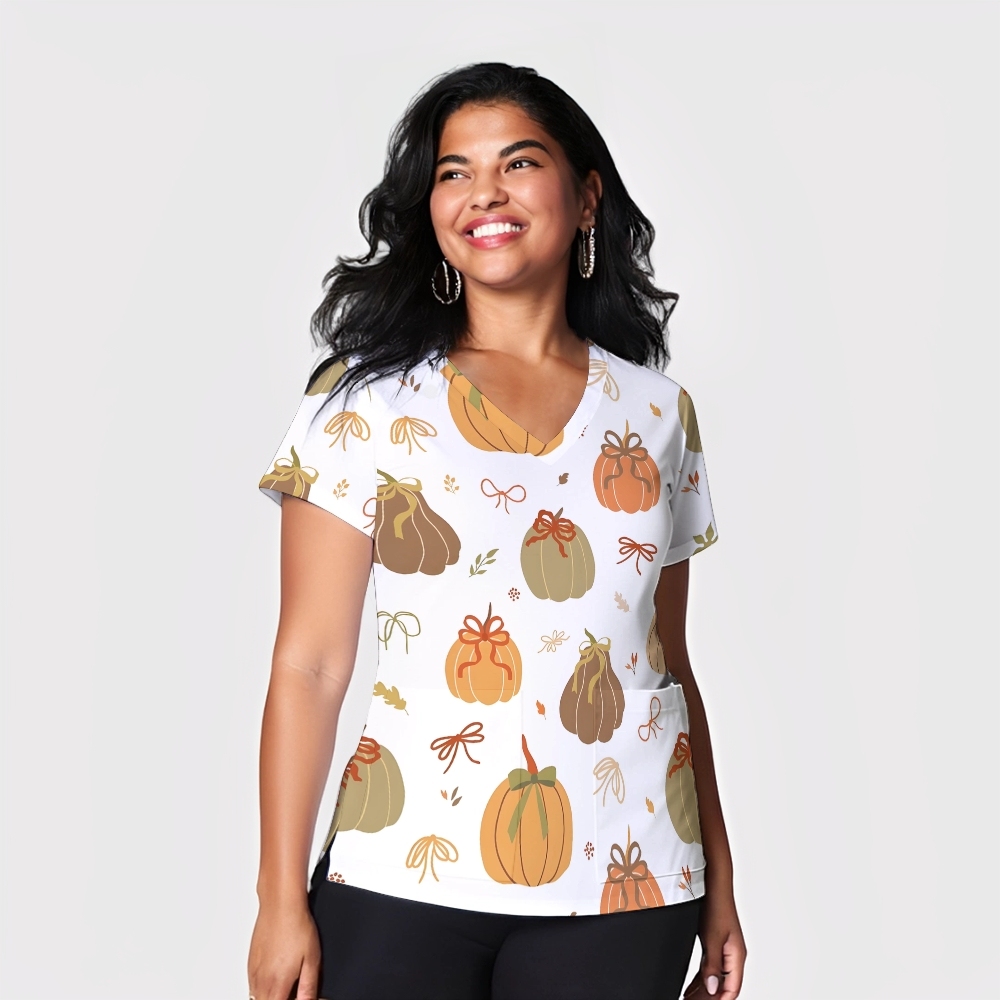 Women's V-Neck Pocket Cartoon Series Printed Scrub Top TW10149