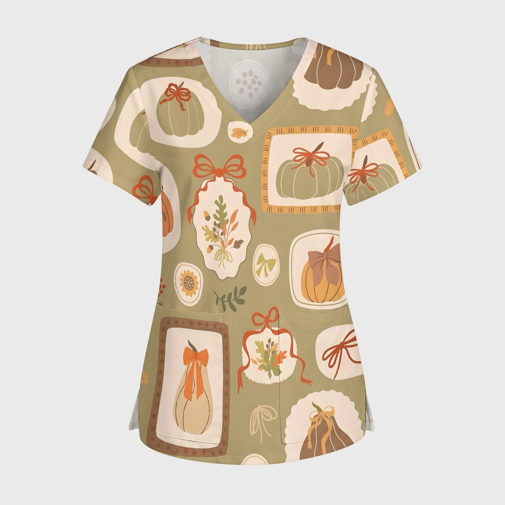 Women's V-Neck Pocket Cartoon Series Printed Scrub Top TW101410