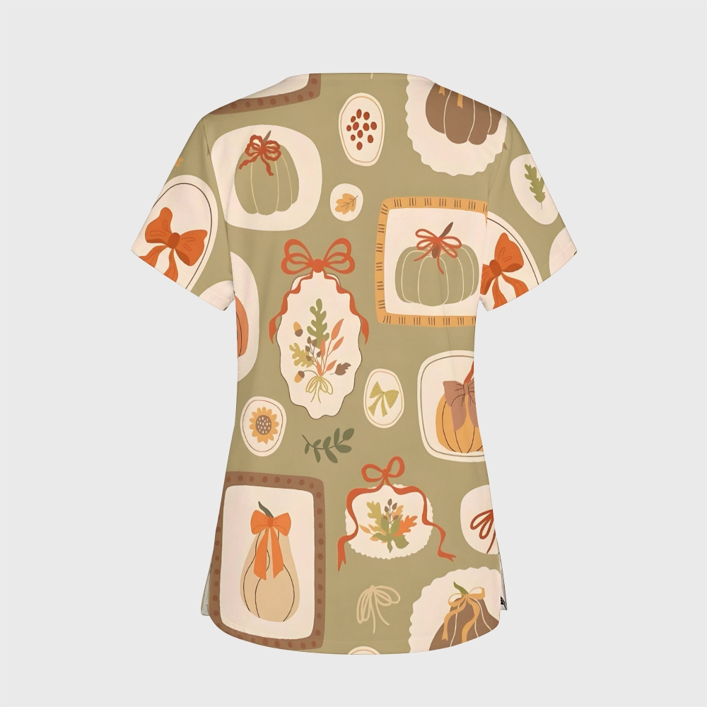 Women's V-Neck Pocket Cartoon Series Printed Scrub Top TW101410