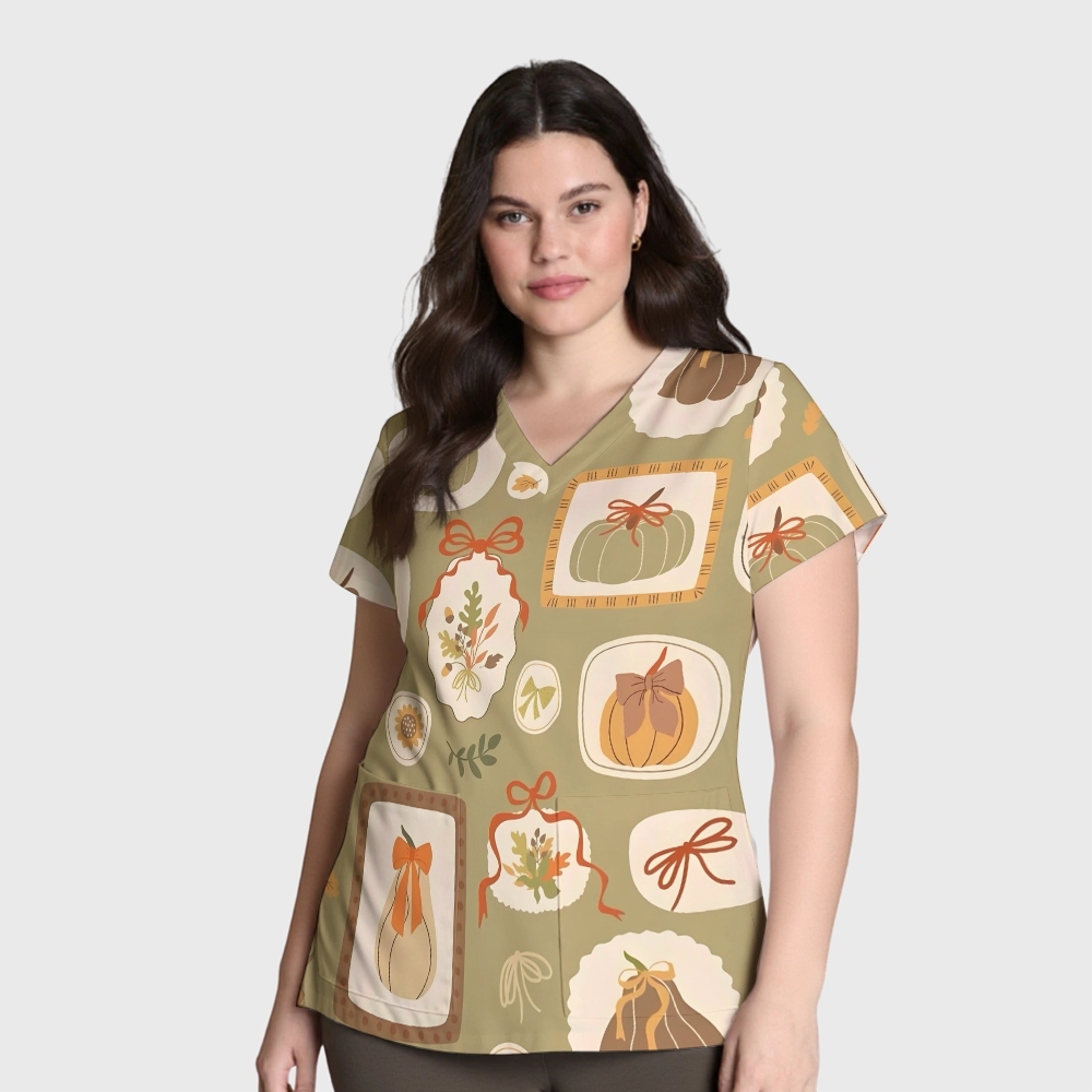 Women's V-Neck Pocket Cartoon Series Printed Scrub Top TW101410