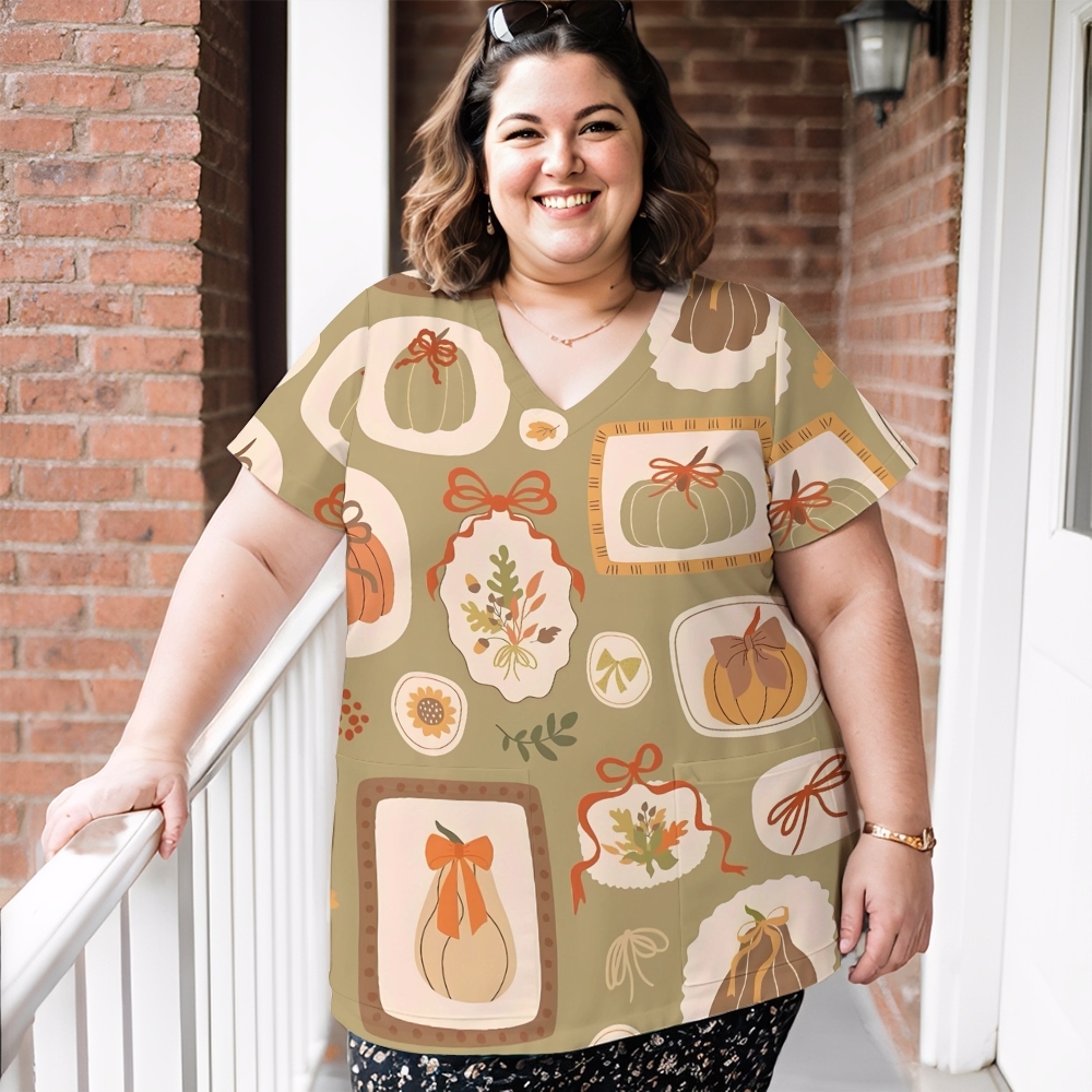 Women's V-Neck Pocket Cartoon Series Printed Scrub Top TW101410