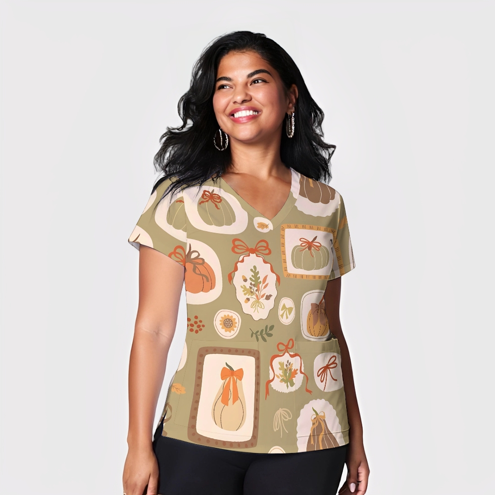 Women's V-Neck Pocket Cartoon Series Printed Scrub Top TW101410
