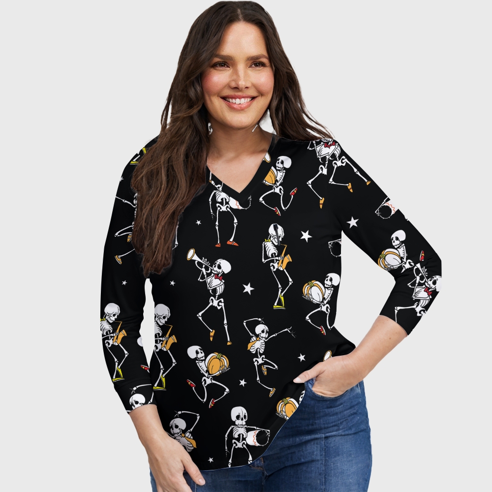 Women's Halloween Printed Long Sleeve Scrub Top with Pockets TW93022