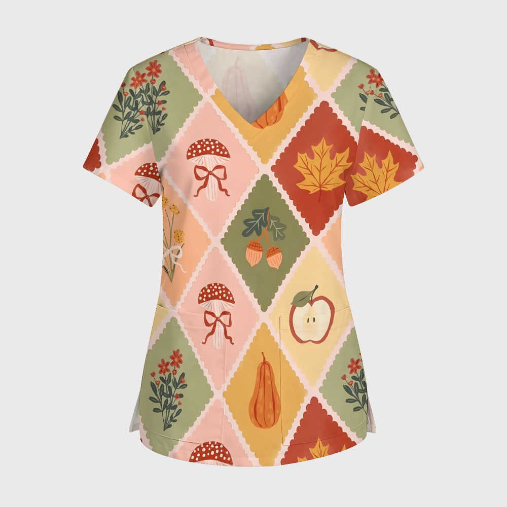 Women's V-Neck Pocket Cartoon Series Printed Scrub Top TW101411