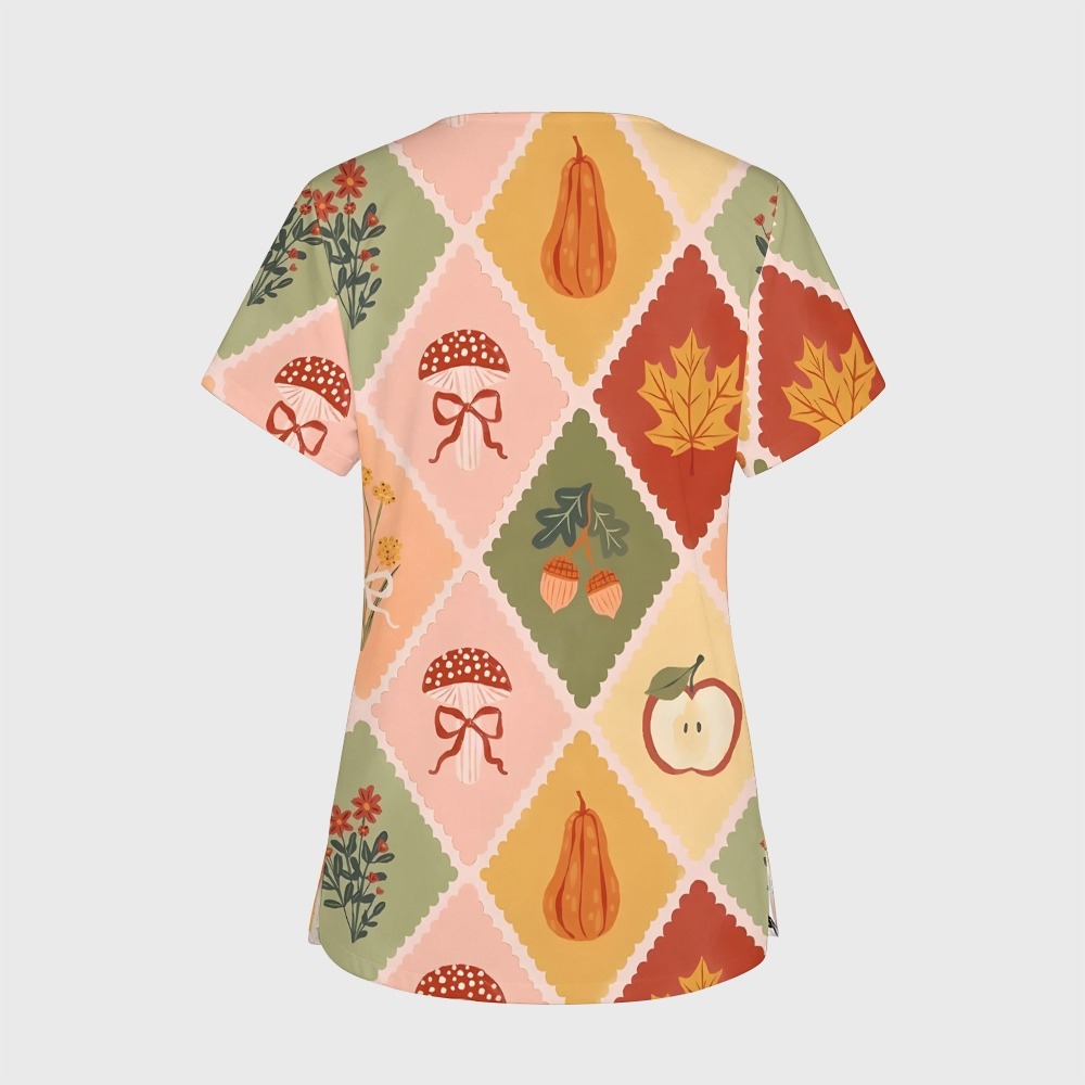 Women's V-Neck Pocket Cartoon Series Printed Scrub Top TW101411