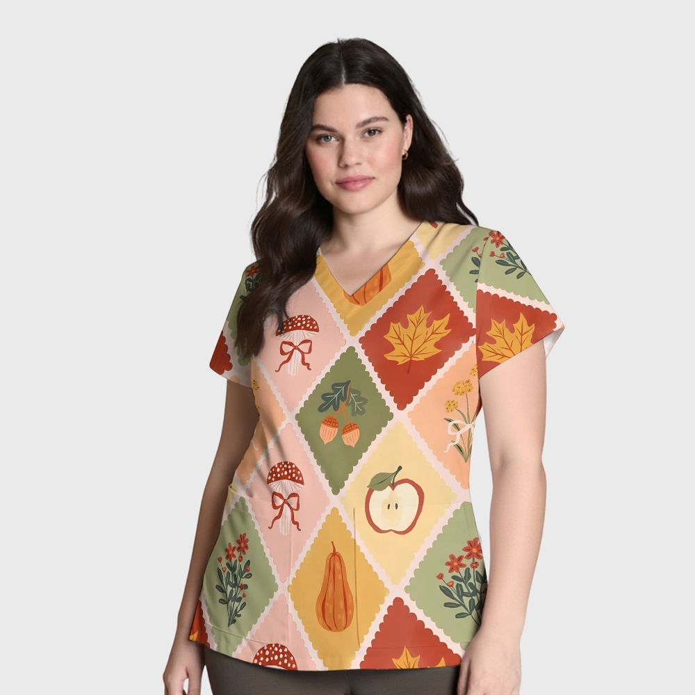 Women's V-Neck Pocket Cartoon Series Printed Scrub Top TW101411