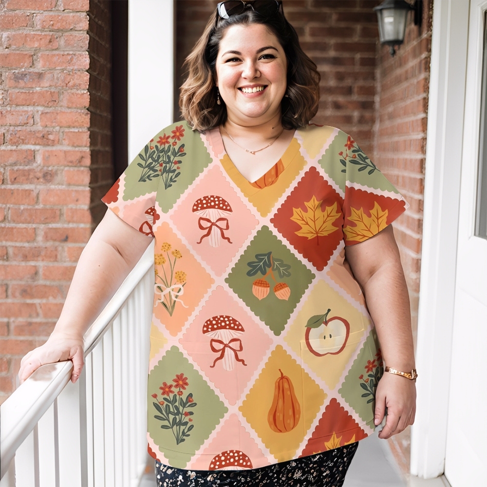 Women's V-Neck Pocket Cartoon Series Printed Scrub Top TW101411