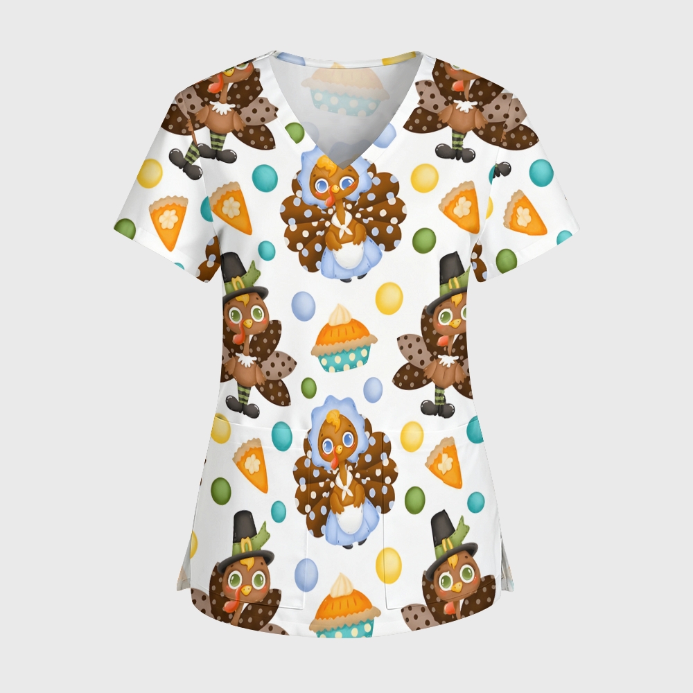 Women's V-Neck Pocket Cartoon Series Printed Scrub Top TW101412