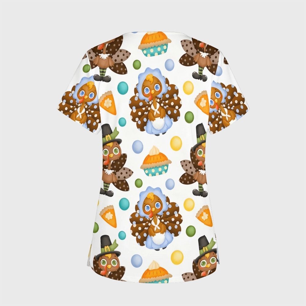 Women's V-Neck Pocket Cartoon Series Printed Scrub Top TW101412