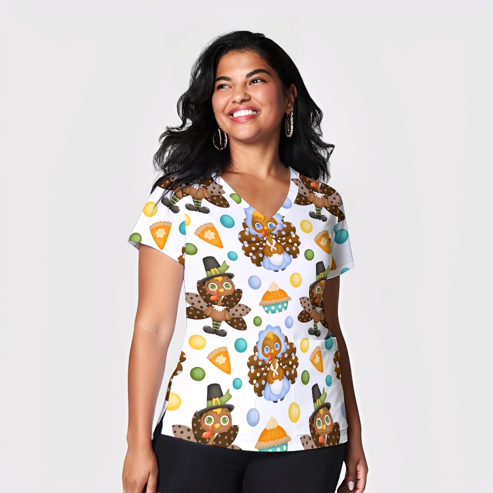 Women's V-Neck Pocket Cartoon Series Printed Scrub Top TW101412