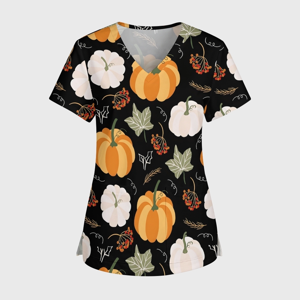 Women's V-Neck Pocket Cartoon Series Printed Scrub Top TW101413