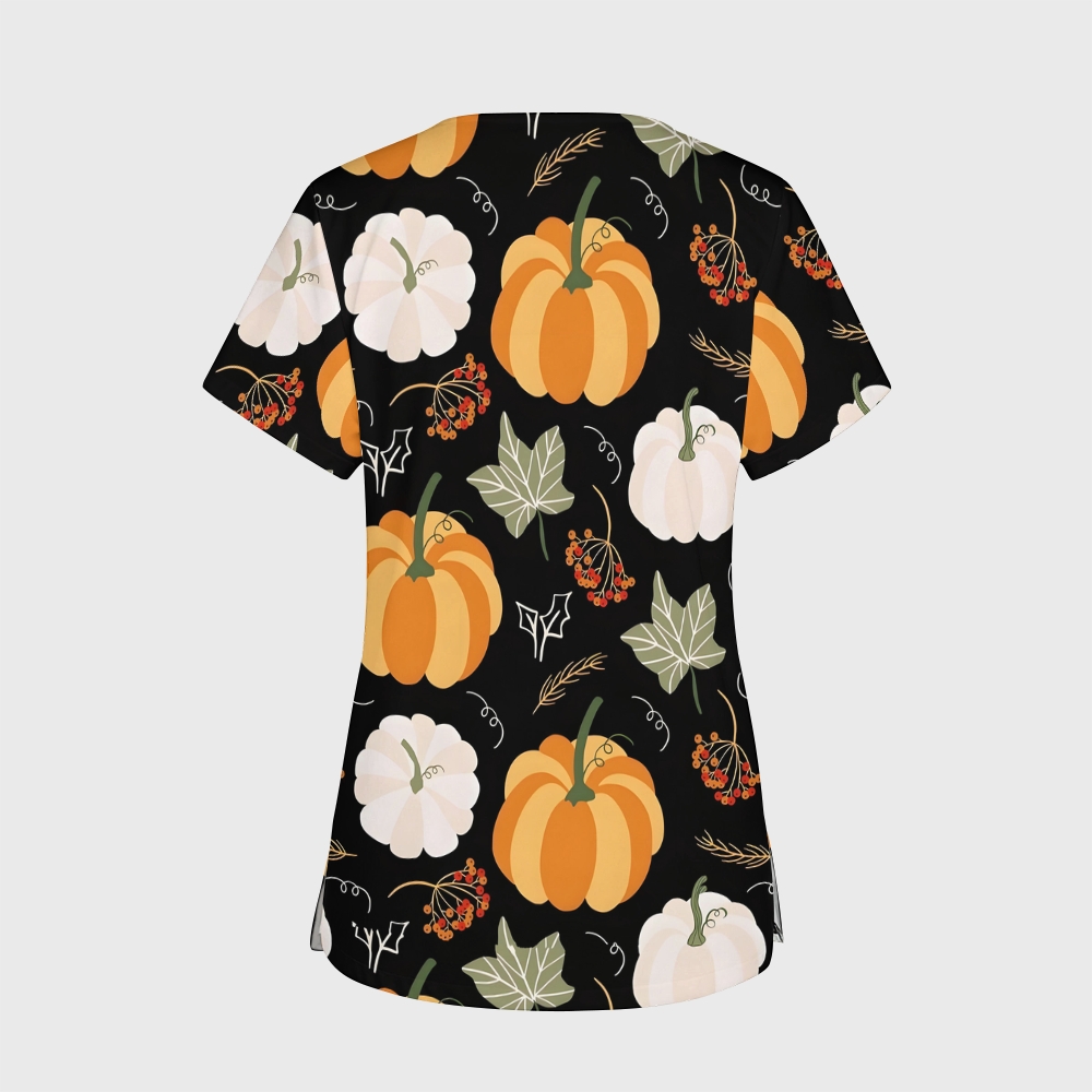 Women's V-Neck Pocket Cartoon Series Printed Scrub Top TW101413