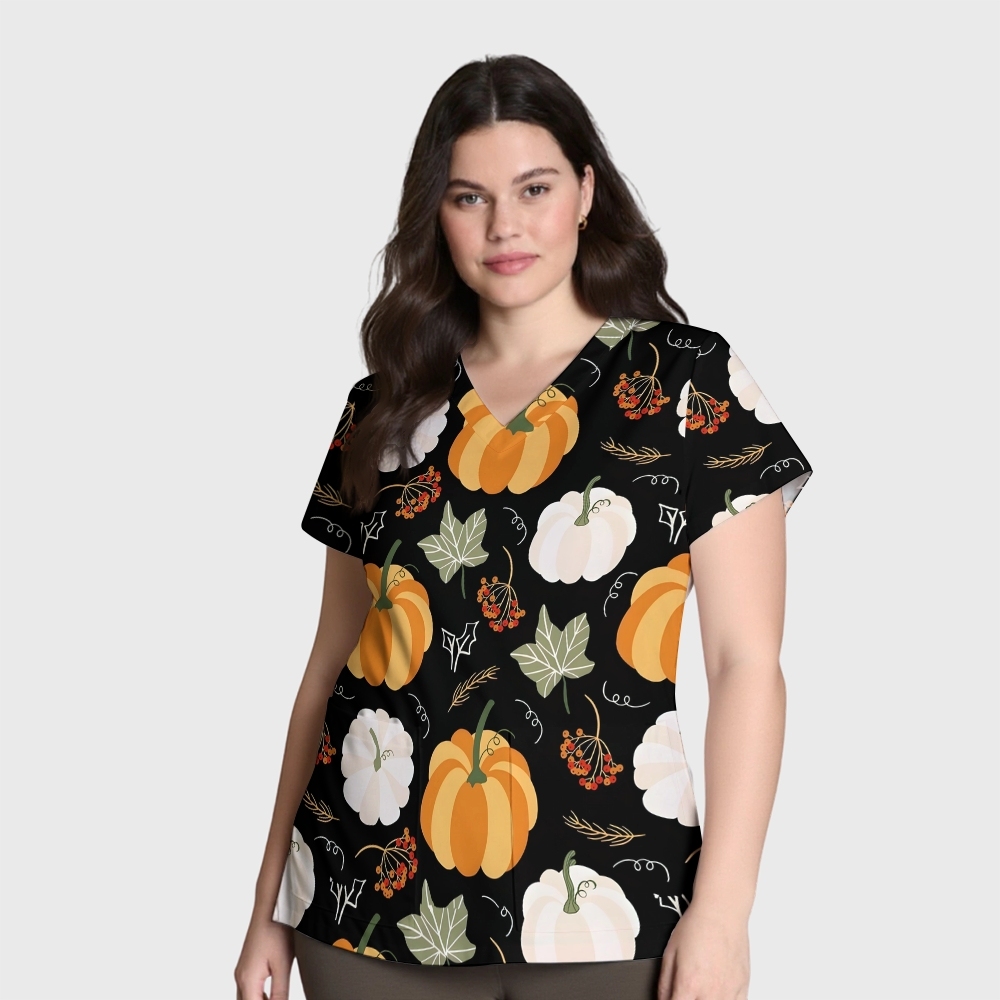 Women's V-Neck Pocket Cartoon Series Printed Scrub Top TW101413