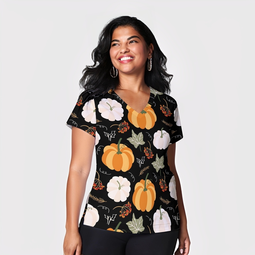 Women's V-Neck Pocket Cartoon Series Printed Scrub Top TW101413