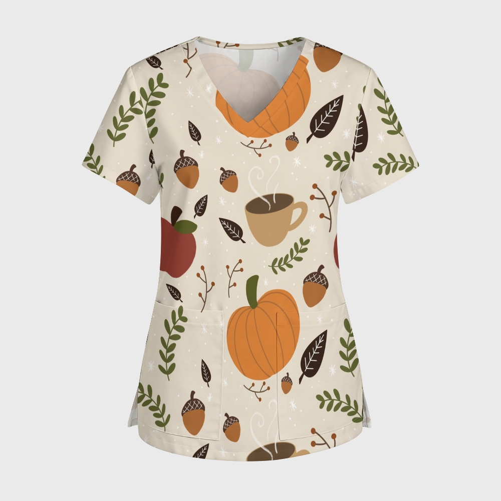 Women's V-Neck Pocket Cartoon Series Printed Scrub Top TW101414