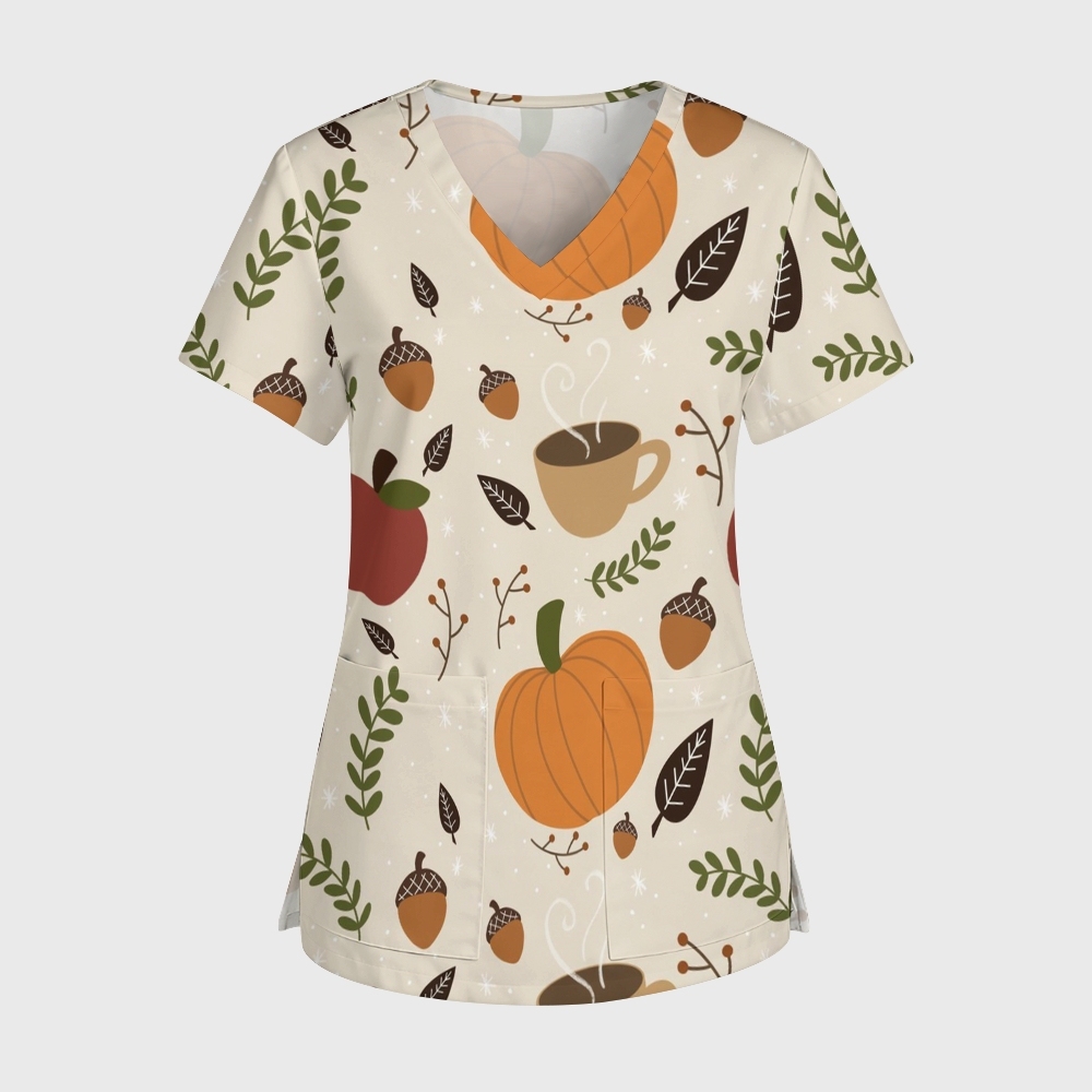 Women's V-Neck Pocket Cartoon Series Printed Scrub Top TW101414