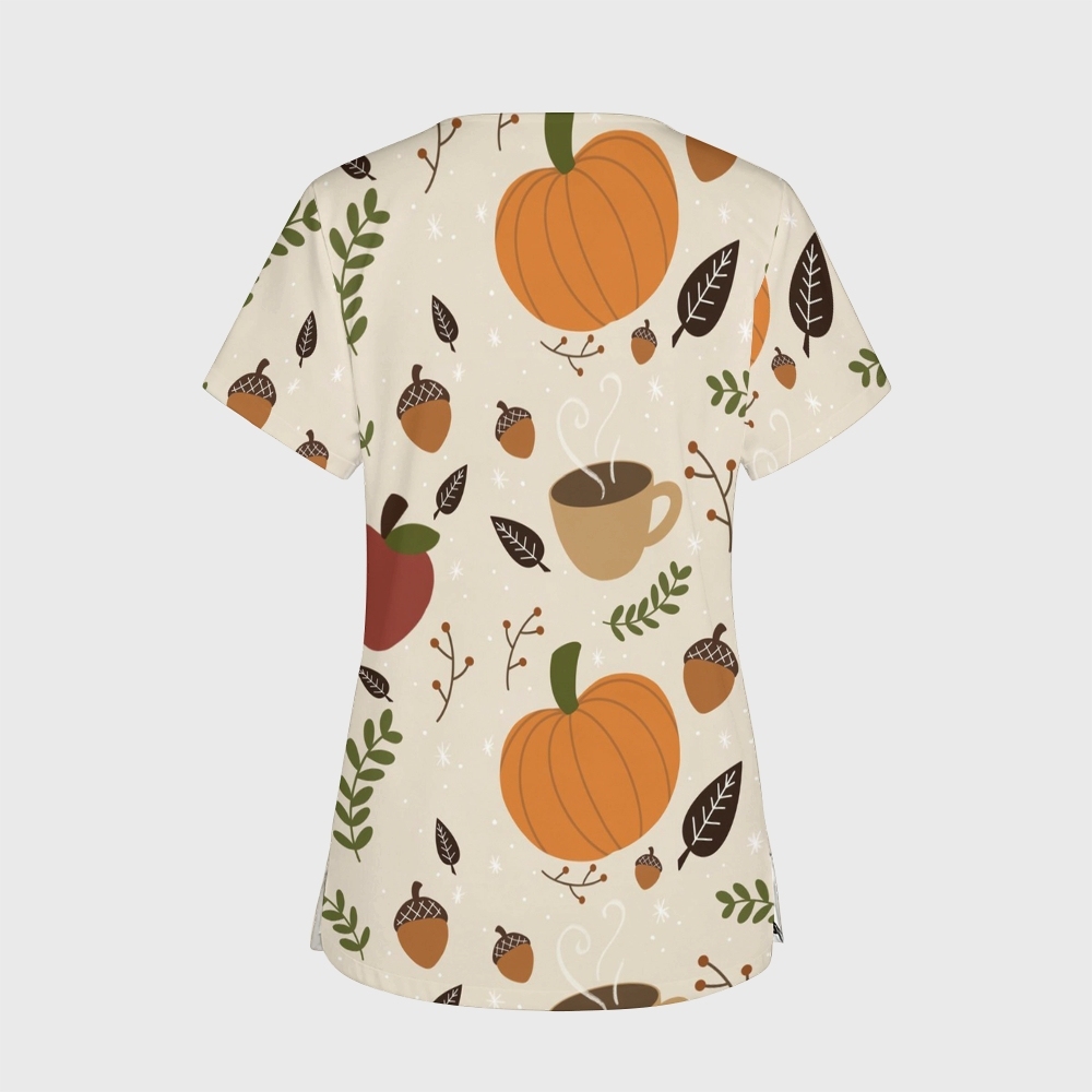 Women's V-Neck Pocket Cartoon Series Printed Scrub Top TW101414