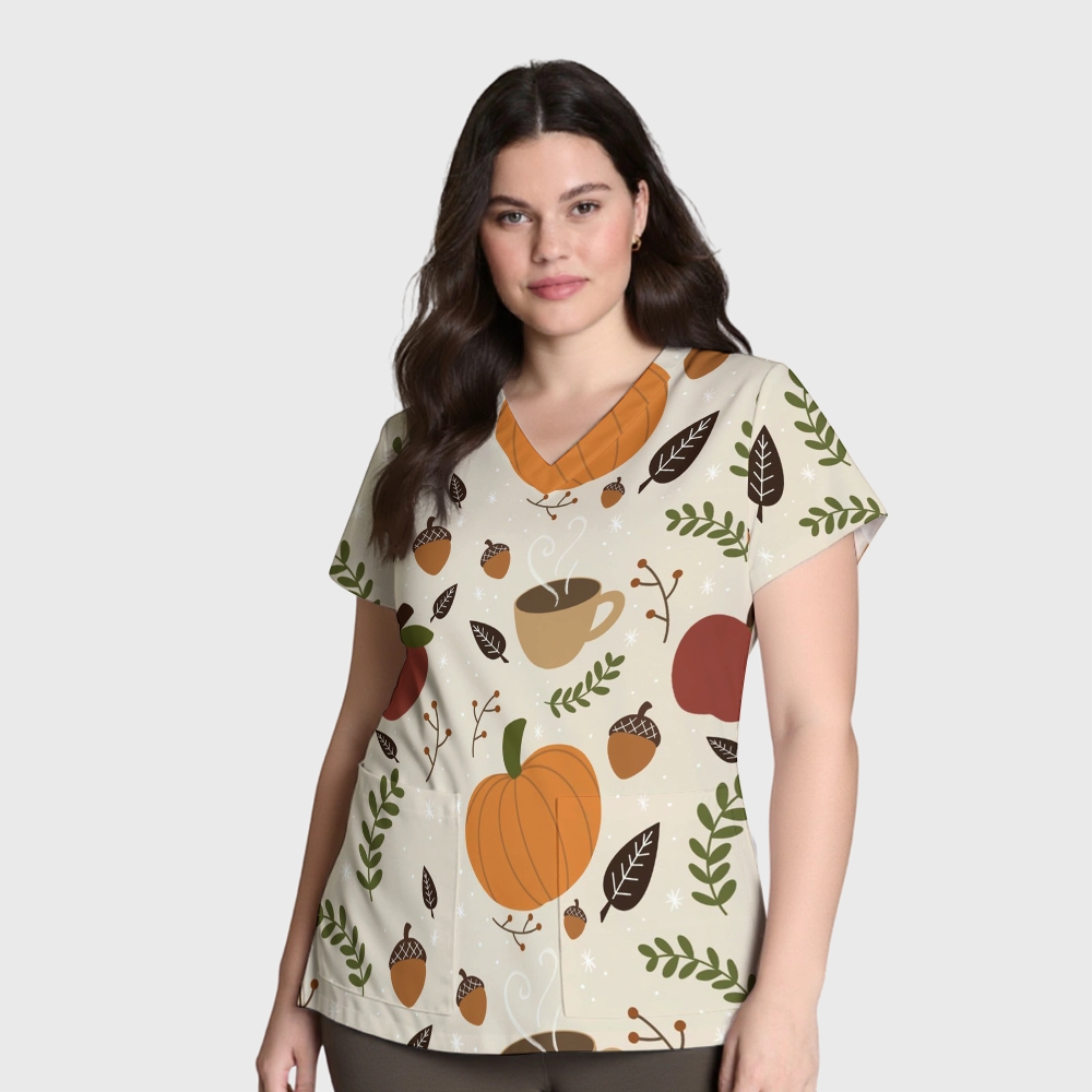 Women's V-Neck Pocket Cartoon Series Printed Scrub Top TW101414