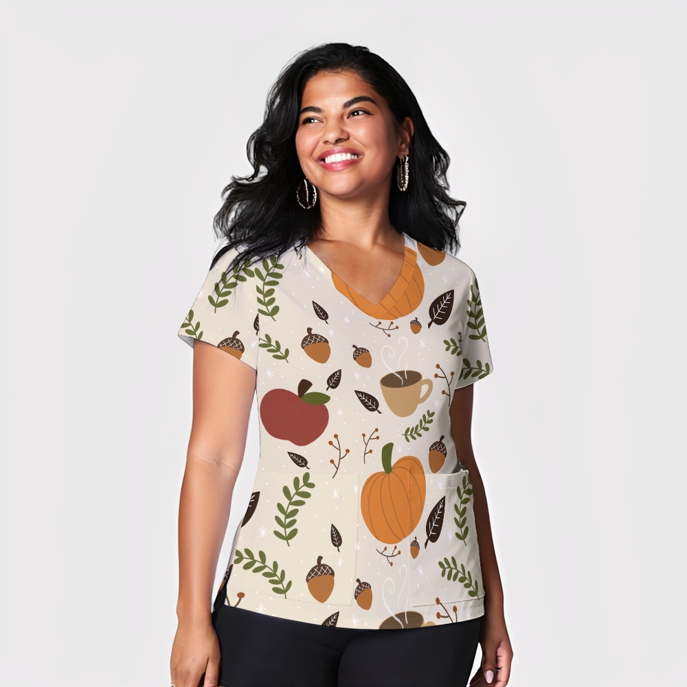 Women's V-Neck Pocket Cartoon Series Printed Scrub Top TW101414