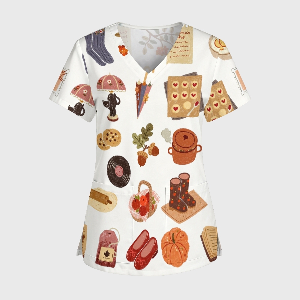 Women's V-Neck Pocket Cartoon Series Printed Scrub Top TW101415