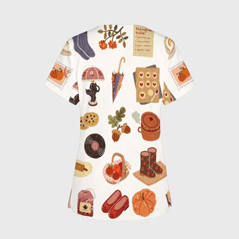 Women's V-Neck Pocket Cartoon Series Printed Scrub Top TW101415