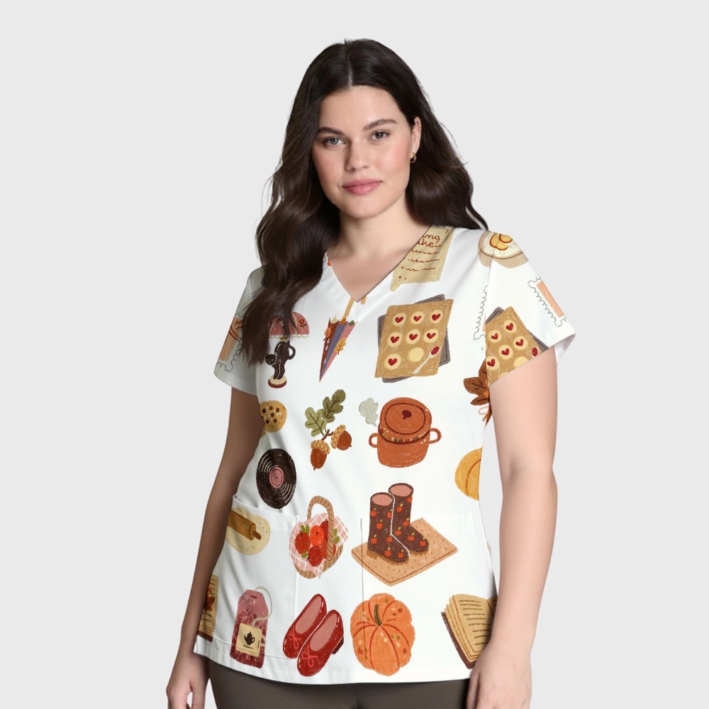 Women's V-Neck Pocket Cartoon Series Printed Scrub Top TW101415