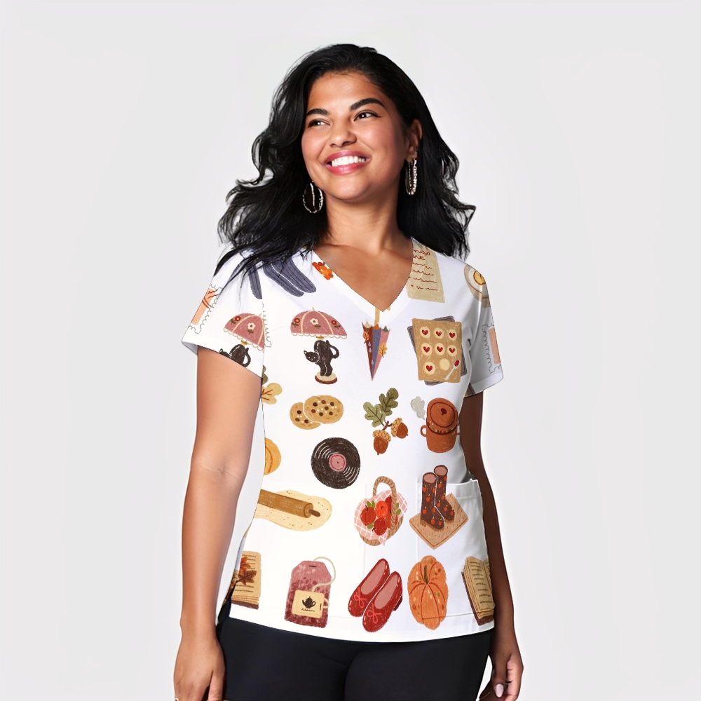 Women's V-Neck Pocket Cartoon Series Printed Scrub Top TW101415