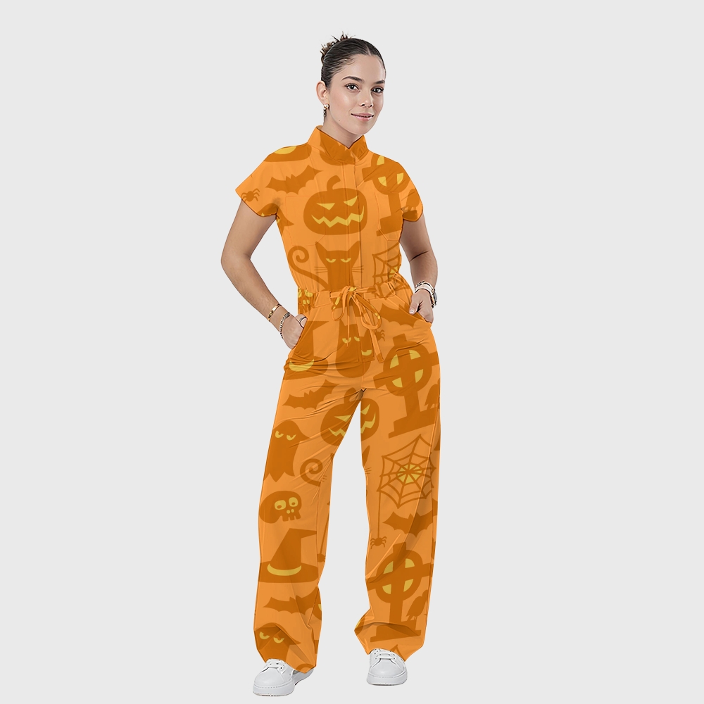 Women's Stand Collar Waist Tie Halloween Print Scrub Jumpsuit JW10131