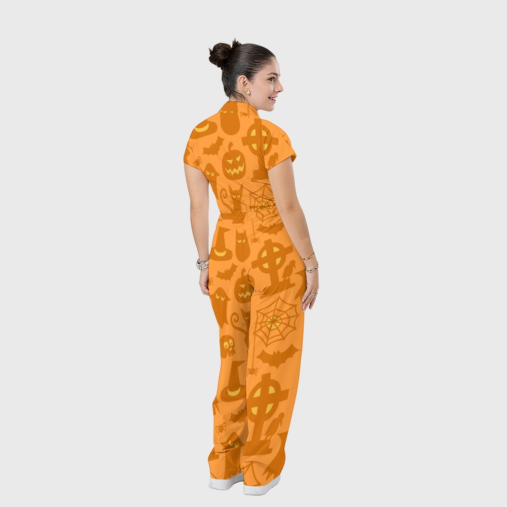 Women's Stand Collar Waist Tie Halloween Print Scrub Jumpsuit JW10131