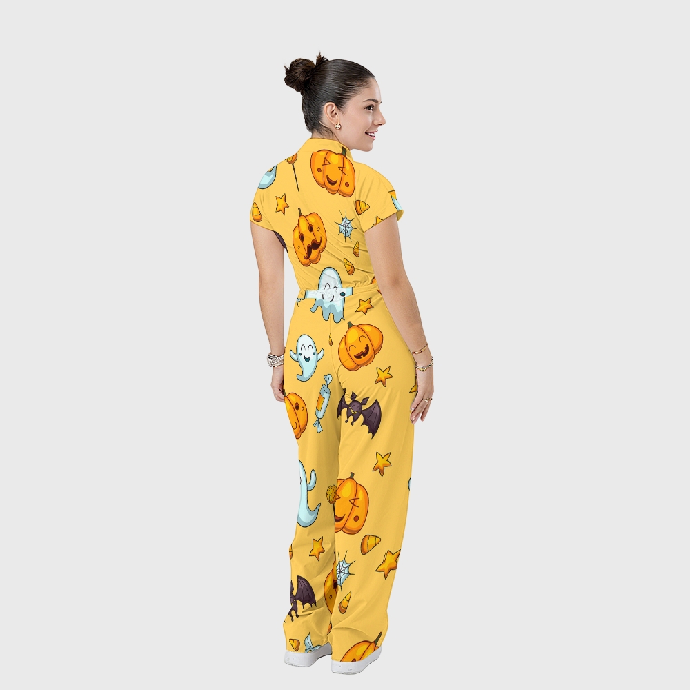 Women's Stand Collar Waist Tie Halloween Print Scrub Jumpsuit JW10132