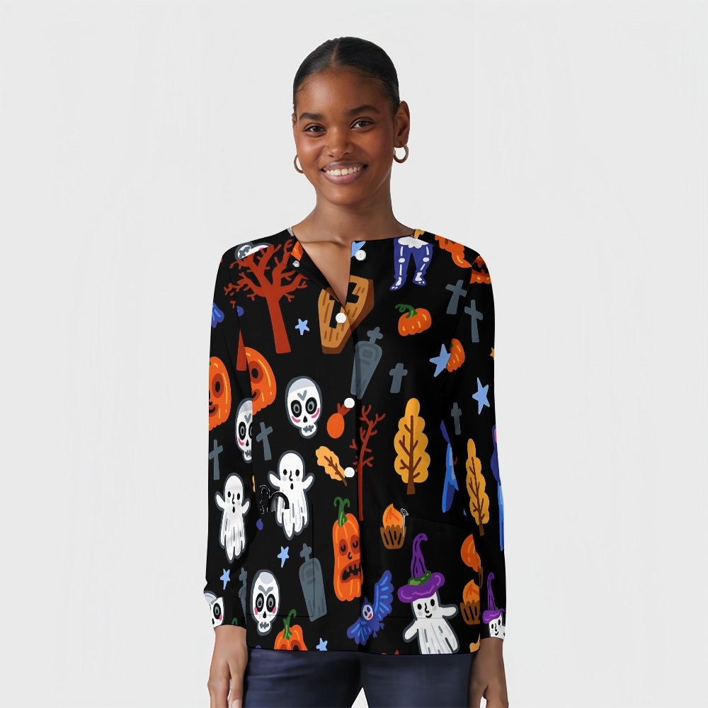 Women's Halloween Printed  Long Sleeve Jacket with Buttons SL93014