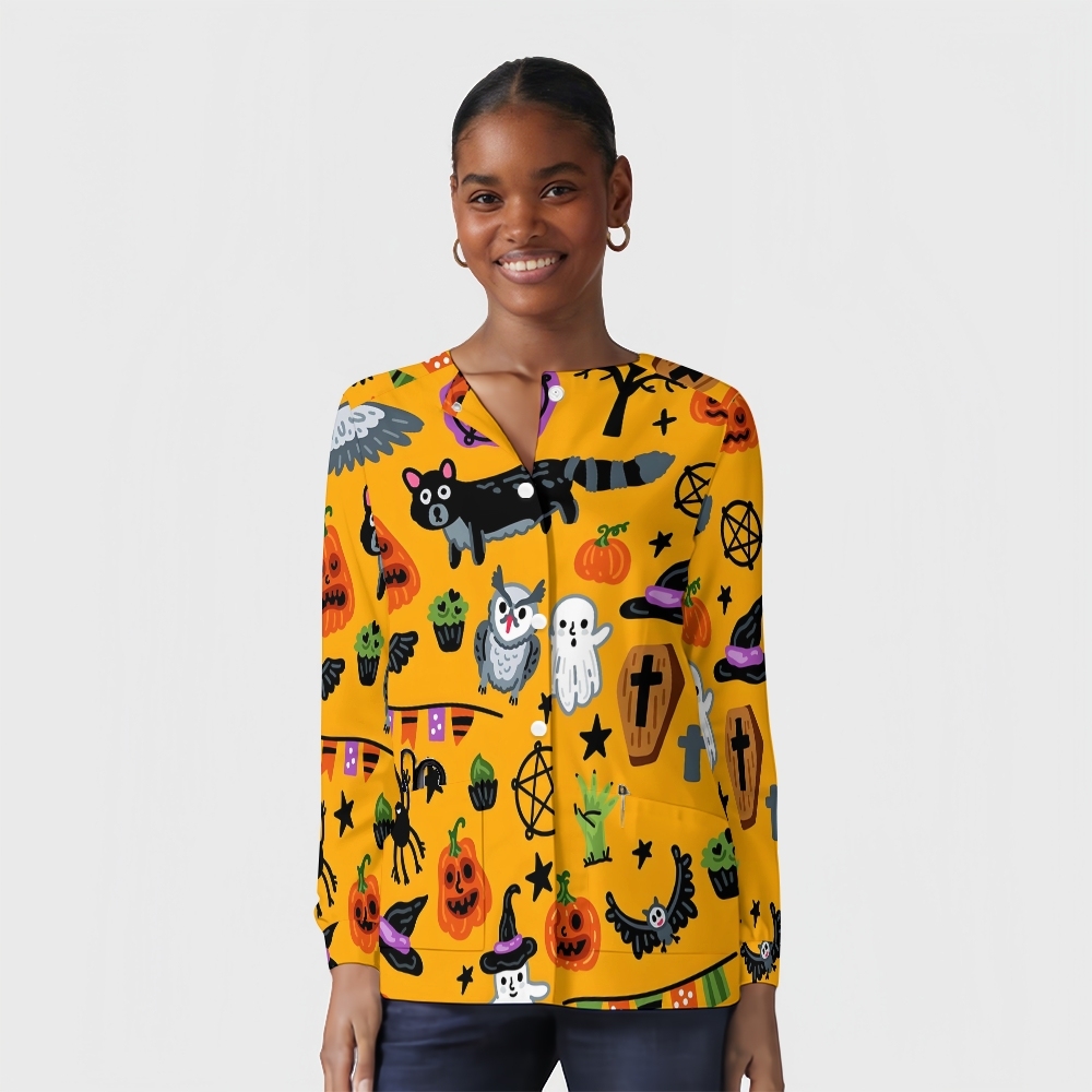 Women's Halloween Printed Long Sleeve Jacket with Buttons SL93015