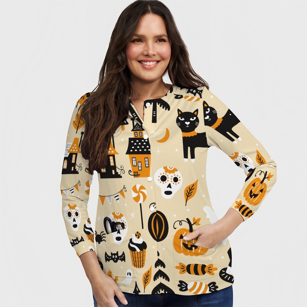 Women's Halloween Printed Long Sleeve Jacket with Buttons SL93025