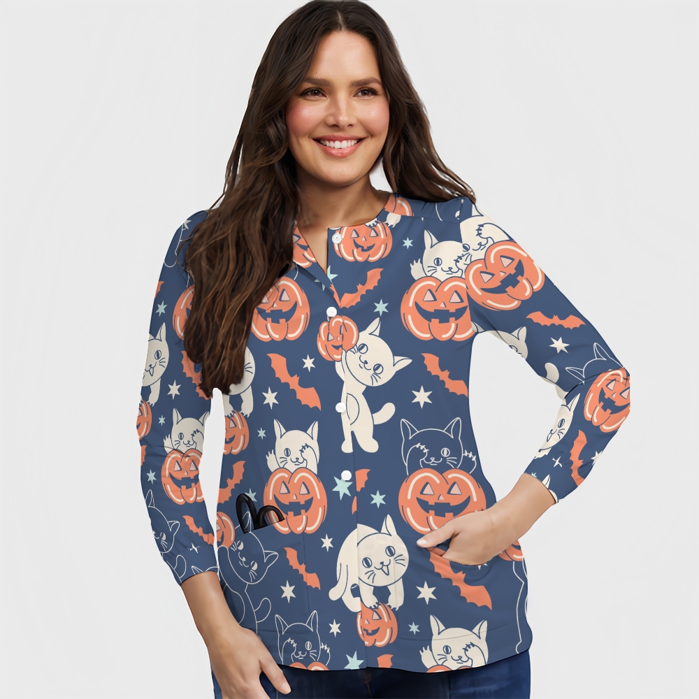 Women's Halloween Printed Long Sleeve Jacket with Buttons SL93028