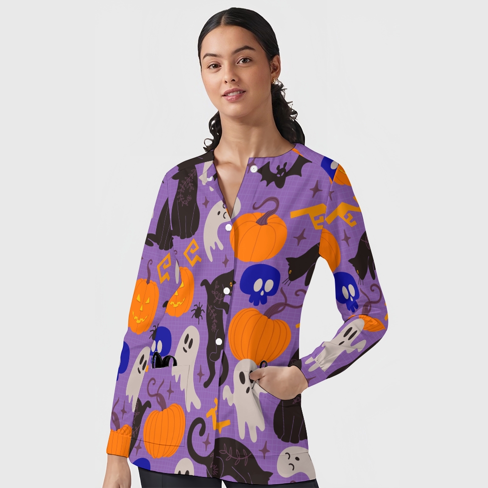 Women's Halloween Printed  Long Sleeve Jacket with Buttons SL93042