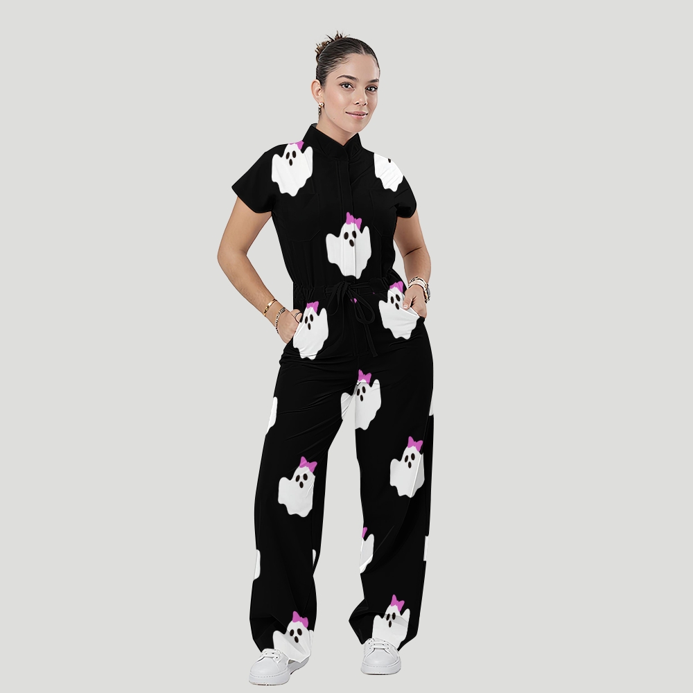 Women's Stand Collar Waist Tie Halloween Print Scrub Jumpsuit JW10138