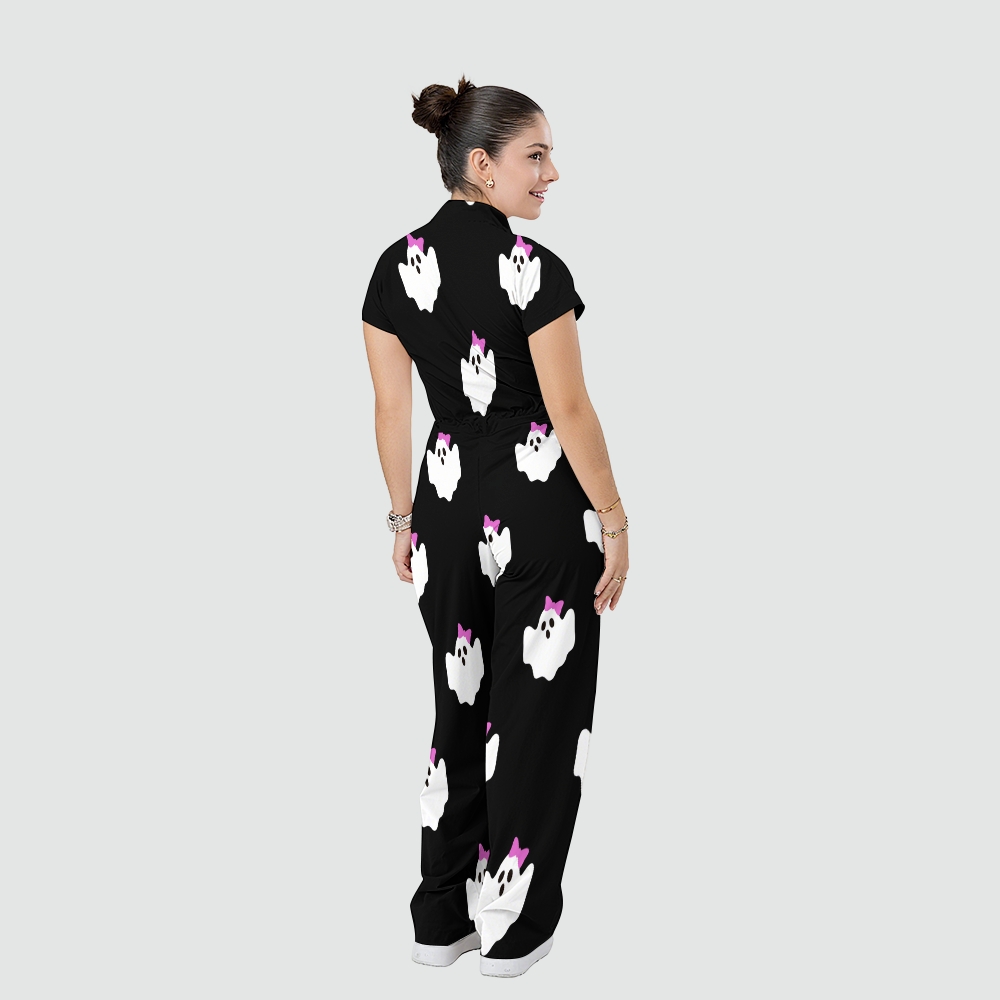 Women's Stand Collar Waist Tie Halloween Print Scrub Jumpsuit JW10138