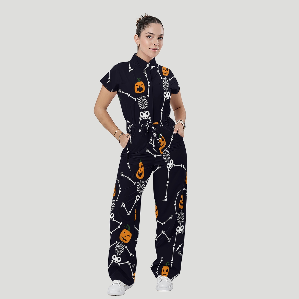 Women's Stand Collar Waist Tie Halloween Print Scrub Jumpsuit JW101310