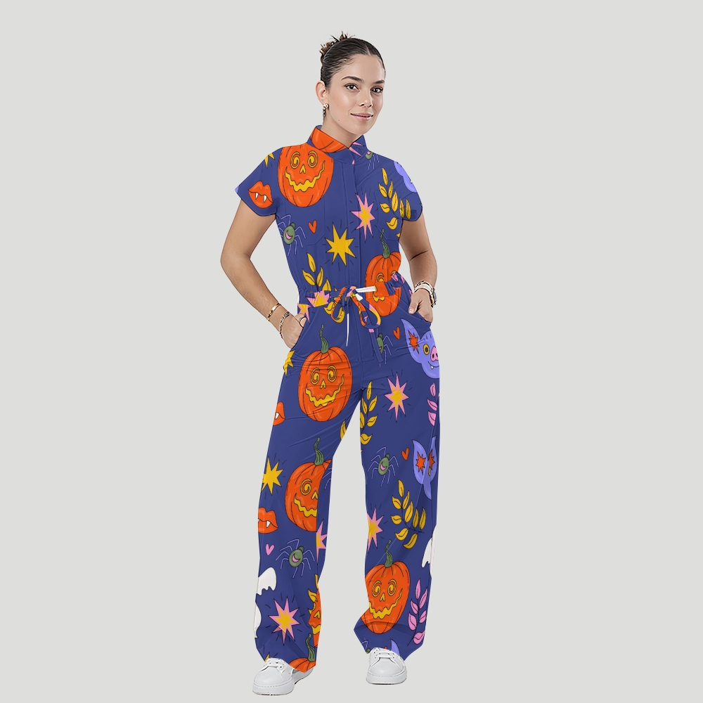 Women's Stand Collar Waist Tie Halloween Print Scrub Jumpsuit JW101314