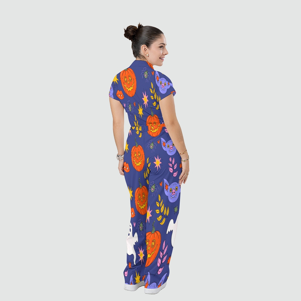 Women's Stand Collar Waist Tie Halloween Print Scrub Jumpsuit JW101314