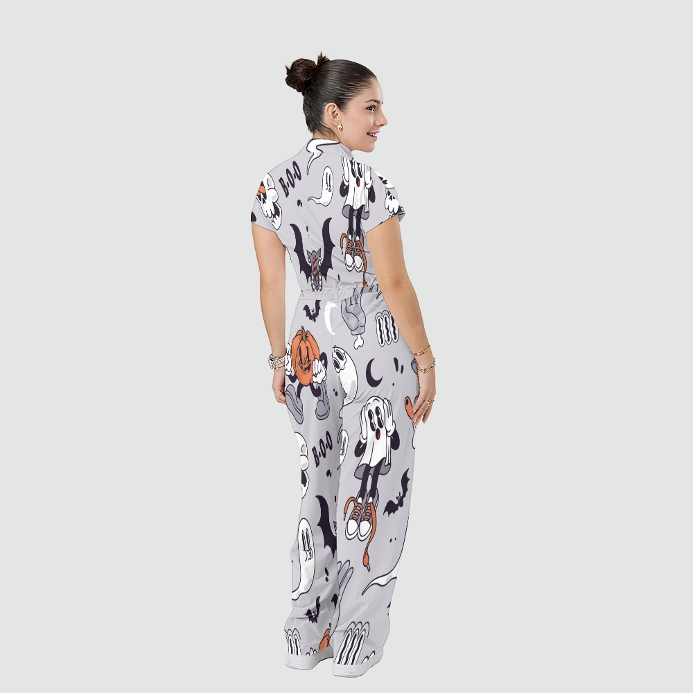 Women's Stand Collar Waist Tie Halloween Print Scrub Jumpsuit JW101324