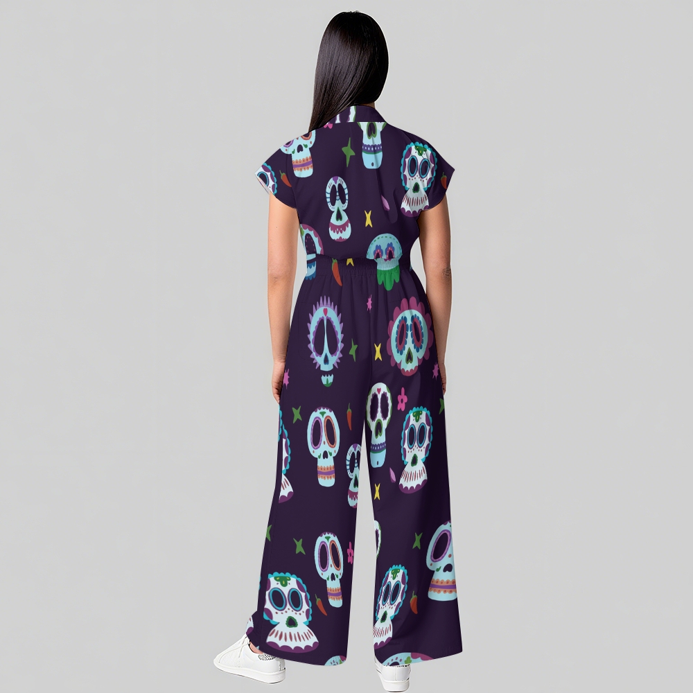 Women's Button-Up Halloween Print Scrub Jumpsuit WJ10133
